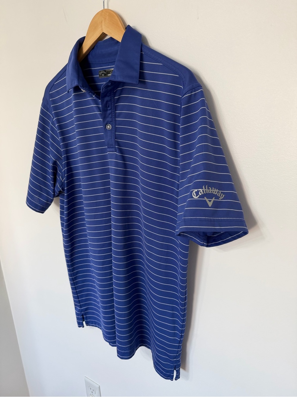 Callaway Golf Performance Polo Shirt Mens L Dark Blue Pin Striped Logo Opti-Dri